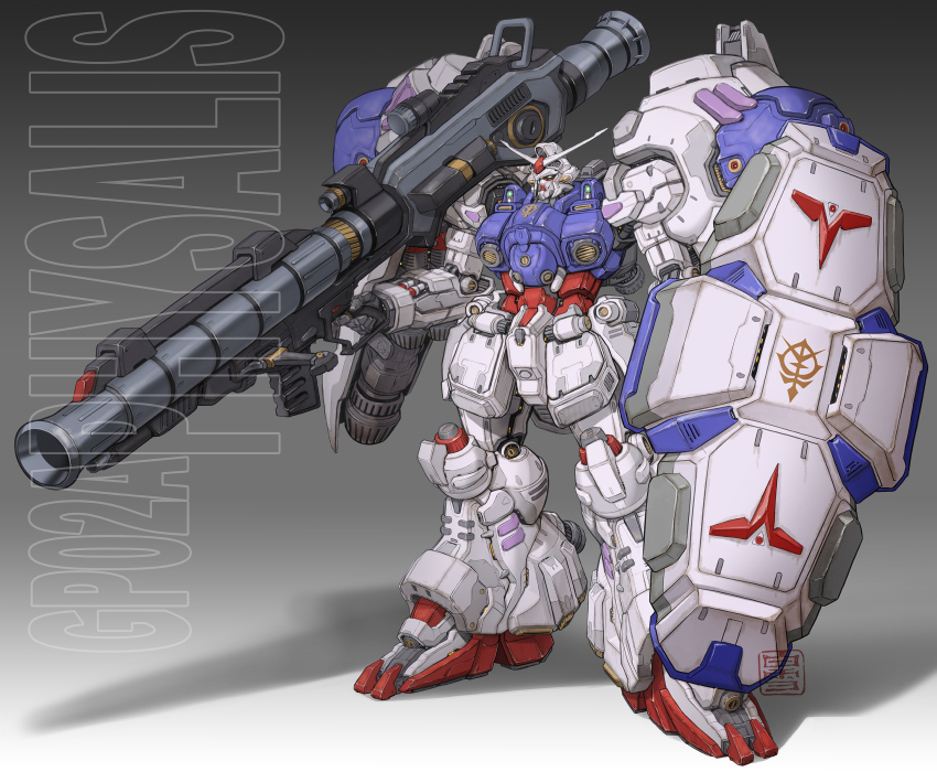 character_name commentary_request emblem energy_cannon gradient_background gundam gundam_0083 gundam_gp-02_physalis highres machinery maeda_hiroyuki mecha mobile_suit no_humans original redesign robot roundel science_fiction shadow shield zeon