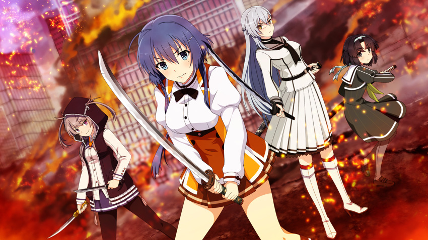 4girls ayanokouji_martial_arts_school_uniform black_bow black_bowtie black_hair black_neckerchief black_pantyhose black_shoes blue_eyes blue_hair boots bow bowtie brown_skirt building closed_mouth collared_shirt destruction dress dual_wielding dutch_angle fighting_stance fire game_cg glasses green_dress green_neckerchief grey_eyes grey_hair grey_jacket grey_sailor_collar hair_between_eyes hair_through_hood hairband heijou_institute_school_uniform holding holding_sword holding_weapon hood hood_up hooded_jacket jacket katana kitora_mirja long_hair long_sleeves looking_at_viewer medium_hair mole mole_under_eye multiple_girls musumi_kiyoka neckerchief non-web_source orange_eyes osafune_girls_academy_school_uniform outdoors pantyhose pleated_skirt purple_eyes purple_jacket purple_skirt renpu_girls_school_uniform sailor_collar school_uniform setouchi_chie shichinosato_kofuki shirt shoes short_hair short_sword skirt smile standing sword tantou toji_no_miko toji_no_miko:_kizamishi_issen_no_tomoshibi v-shaped_eyebrows weapon white_boots white_shirt white_skirt winter_uniform