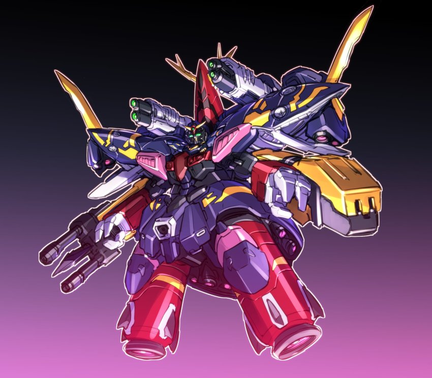 fusion gun gundam gundam_unicorn highres holding holding_gun holding_weapon kato_takuji mask_commander mecha neo_zeong no_humans purple_background robot sd_command_chronicles sd_gundam shoulder_cannon solo v-fin weapon
