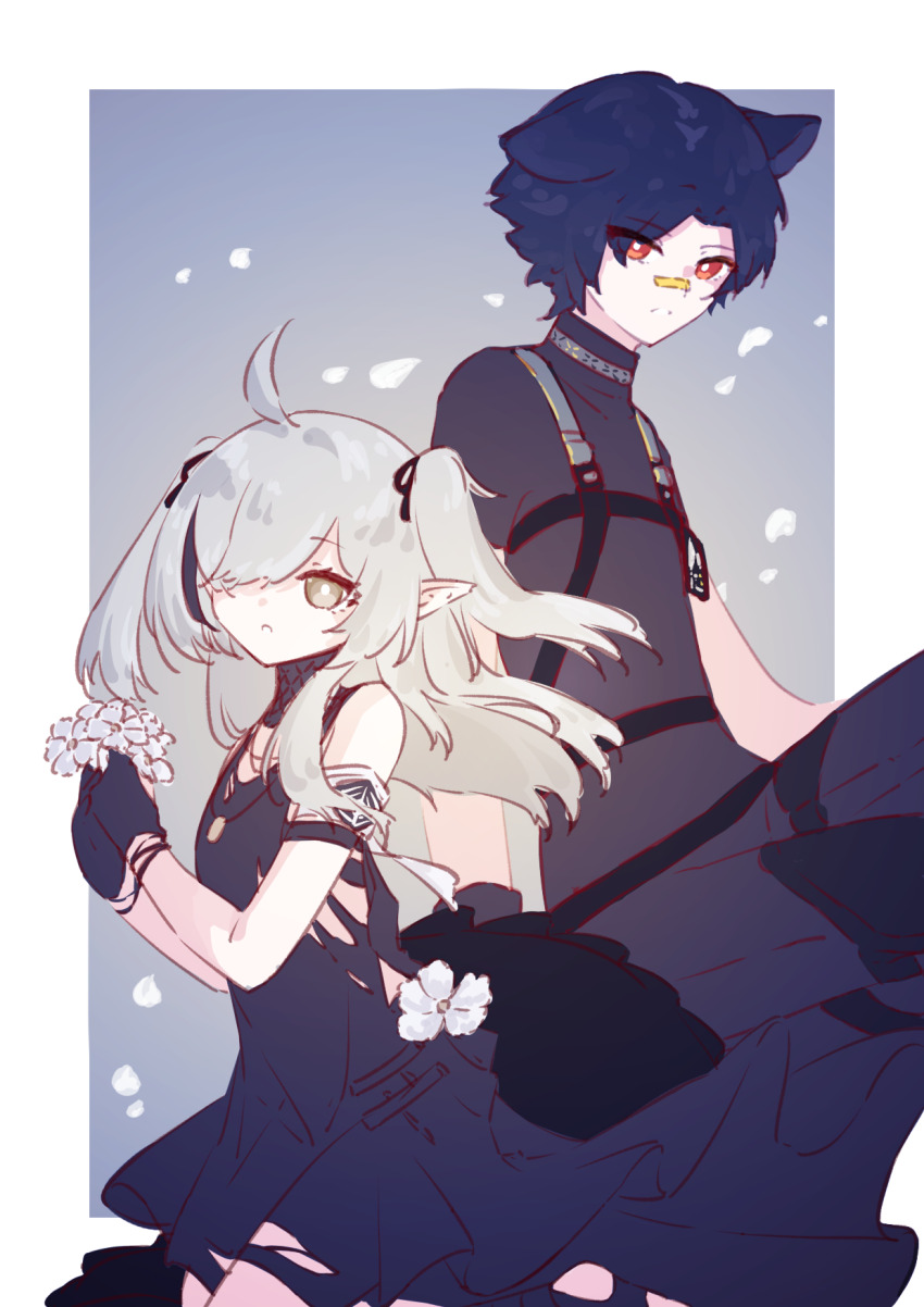 1boy 1girl ahoge animal_ears arknights bandaid bandaid_on_face bandaid_on_nose black_dress black_pants black_shirt blue_hair border commentary_request crocodilian_tail dog_boy dog_ears dress flower grey_background grey_eyes grey_flower grey_hair hands_up highres holding holding_flower knees_up long_hair looking_at_viewer nazo_no_hana pants parted_lips pointy_ears red_eyes shirt short_sleeves tail tomimi_(arknights) two_side_up white_border windflit_(arknights)
