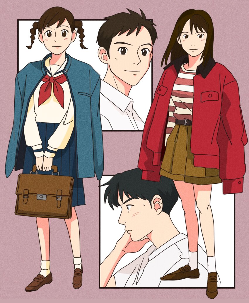 2boys 2girls bag braid breasts brown_eyes brown_hair character_request company_connection copyright_request frown high-waist_shorts highres holding holding_bag jacket jacket_on_shoulders medium_breasts medium_hair medium_skirt multiple_boys multiple_girls pleated_skirt red_jacket rikaco1988 school_bag school_uniform serafuku shirt short_shorts shorts skirt smile striped_clothes striped_shirt studio_ghibli sweatdrop twin_braids white_shirt