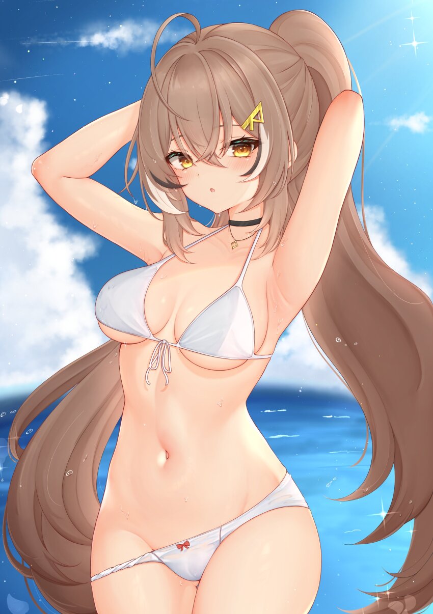 1girl absurdres ahoge armpits bikini black_choker blush breasts brown_eyes brown_hair choker cleavage collarbone day feather_hair_ornament feathers hair_ornament hairclip highres hololive hololive_english honon long_hair looking_at_viewer medium_breasts multicolored_hair nanashi_mumei navel open_mouth outdoors ponytail solo split_ponytail streaked_hair swimsuit thighs very_long_hair virtual_youtuber white_bikini