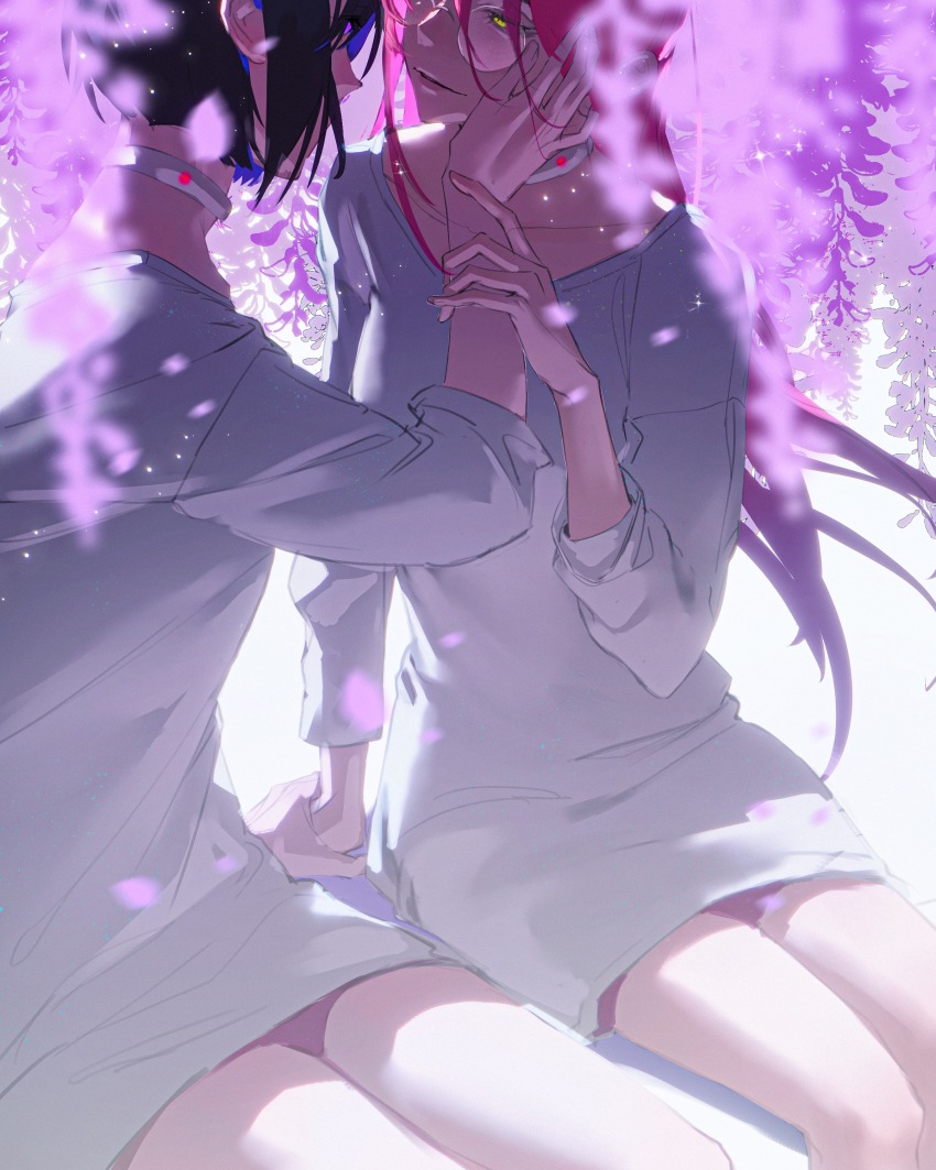 2girls absurdres alien_stage black_hair chinese_commentary choker commentary_request dress flower glasses hand_on_another&#039;s_face highres holding_another&#039;s_wrist hua-qiao impasto long_hair long_sleeves looking_at_another mizi_(alien_stage) multiple_girls pink_hair round_eyewear short_hair sitting sua_(alien_stage) white_choker white_dress wisteria yellow_eyes yuri