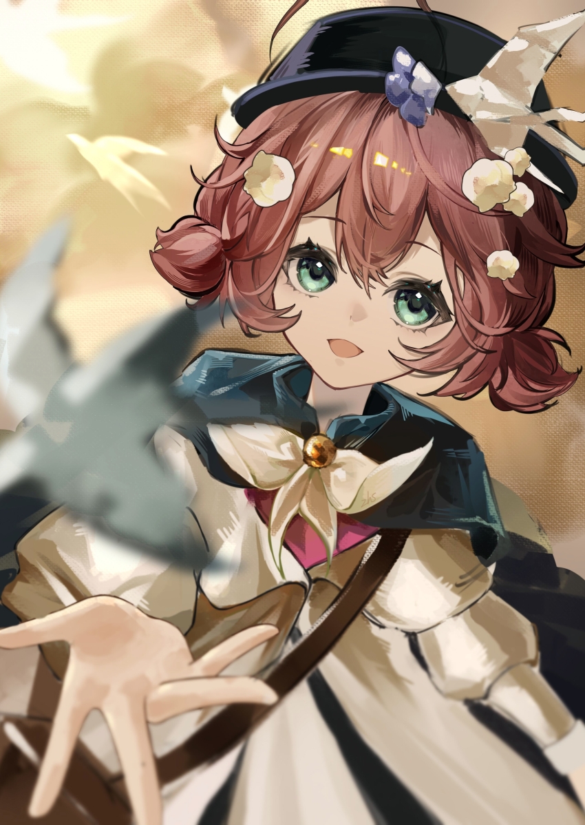 1girl :d absurdres ahoge bag black_cape black_hat blue_eyes blurry blurry_foreground brown_background brown_bag brown_hair cape coat dress flutterpage hat highres liuliuliuyezi low_twintails mailbag official_alternate_costume open_mouth outstretched_hand reverse:1999 short_twintails shoulder_bag simple_bird smile solo twintails upper_body white_coat white_dress