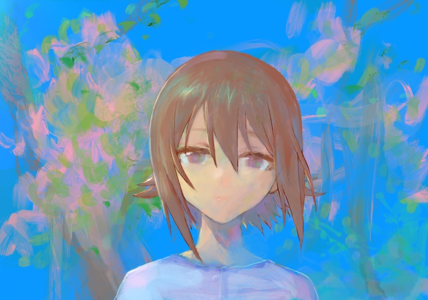 1girl brown_eyes brown_hair buttons casual closed_mouth girls_und_panzer highres long_sleeves looking_at_viewer nishizumi_maho payama shirt short_hair smile solo striped_clothes striped_shirt tree upper_body