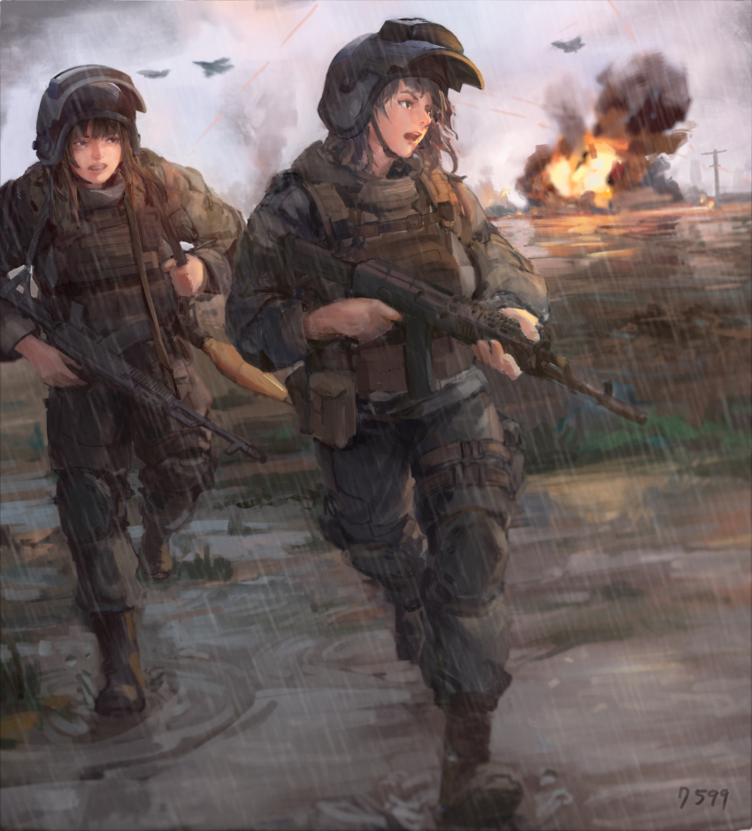 2girls absurdres aircraft airplane airstrike ak-74m altyn_helmet assault_rifle chin_strap combat_helmet explosion gun helmet highres kalashnikov_rifle load_bearing_vest military_combat_uniform military_uniform mud multiple_girls open_mouth original rain rifle ripples rocket_launcher rpg_(weapon) running ryu7599 smoke splashing teeth utility_pole weapon