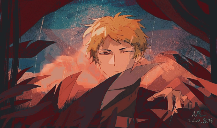 1boy ;| atou_haruki beiquqian black_jacket blonde_hair blue_sky brown_sweater chinese_commentary closed_mouth cloud commentary_request dated hand_up jacket male_focus one_eye_closed open_clothes open_jacket orange_eyes plant saibou_shinkyoku short_hair signature sky solo sweater turtleneck turtleneck_sweater variant_set