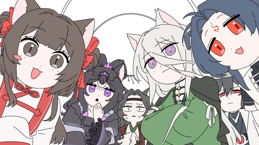 2girls 4boys :3 animal_ears annoyed arch belt belt_buckle black_belt black_cape black_headband black_shirt blue_hair blush_stickers bow bow-shaped_hair brown_eyes brown_hair brown_jacket buckle cape character_request chinese_clothes chinese_commentary circlet closed_mouth collarbone collared_shirt commentary_request cowboy_shot deformed dot_nose double_bun eyelashes eyes_visible_through_hair facial_mark flat_color flower forehead_mark fox_ears frilled_sleeves frills furrowed_brow gloom_(expression) green_hanfu grey_hair grey_hanfu hair_between_eyes hair_bow hair_bun hair_flower hair_ornament hairpin hand_on_own_chin hanfu headband highres indoors jacket juliet_sleeves long_hair long_hair_between_eyes long_sleeves looking_at_viewer low_twintails mole mole_under_eye moubaixingbuzhimingguangzhinizi multiple_boys multiple_girls neck_ribbon nervous nervous_sweating open_mouth parted_bangs parted_lips puffy_sleeves purple_eyes purple_shawl red_bow red_eyes red_flower red_ribbon ribbon robe shawl shirt short_hair single_blush_sticker single_hair_bun sleeve_bow sleeves_past_fingers sleeves_past_wrists slit_pupils smile sweat tassel tassel_hair_ornament triangle_mouth turtleneck turtleneck_shirt twintails wavy_hair white_background white_bow white_robe white_shirt wide-eyed wide_sleeves wuwei_you_chu_you_hai_wu