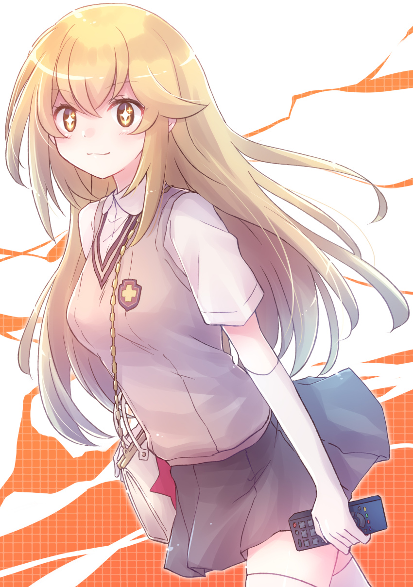 1girl absurdres bag black_skirt blonde_hair breasts brown_sweater_vest closed_mouth collared_shirt commentary_request controller cowboy_shot elbow_gloves gloves highres holding holding_remote_control long_hair medium_breasts nyaa_(nnekoron) orange_background pleated_skirt remote_control school_uniform shirt shokuhou_misaki short_sleeves skirt smile solo sparkling_eyes standing summer_uniform sweater_vest thighhighs toaru_kagaku_no_railgun toaru_kagaku_no_railgun_t toaru_majutsu_no_index tokiwadai_school_uniform two-tone_background walking white_background white_gloves white_shirt white_thighhighs yellow_eyes