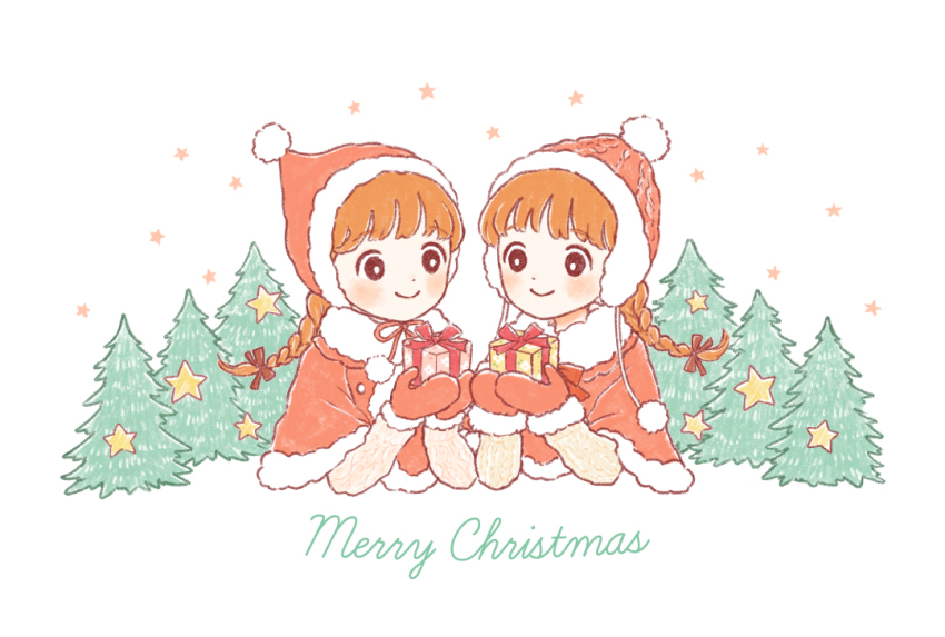 2girls box braid christmas christmas_tree coat cropped_torso english_text fur-trimmed_coat fur-trimmed_headwear fur-trimmed_jacket fur-trimmed_mittens fur_trim gift gift_box hair_ribbon hat holding holding_gift jacket matching_hairstyle matching_outfits merry_christmas mittens multiple_girls orange_hair original red_coat red_headwear red_jacket red_mittens red_ribbon ribbon santa_costume santa_hat siblings simple_background star_(symbol) tokoyu twins upper_body white_background winter