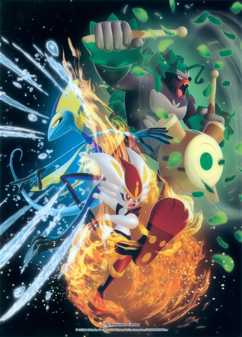 2020 3others :o absurdres animal_focus black_background cinderace clenched_hand copyright_name dated drum drumsticks fangs fire full_body gen_8_pokemon highres instrument inteleon jumping kicking leaf lizard multiple_others nintendo no_humans official_art open_mouth orange_eyes pokemon pokemon_(creature) rabbit rabbit_ears red_eyes rillaboom simple_background starter_pokemon_trio water yellow_eyes