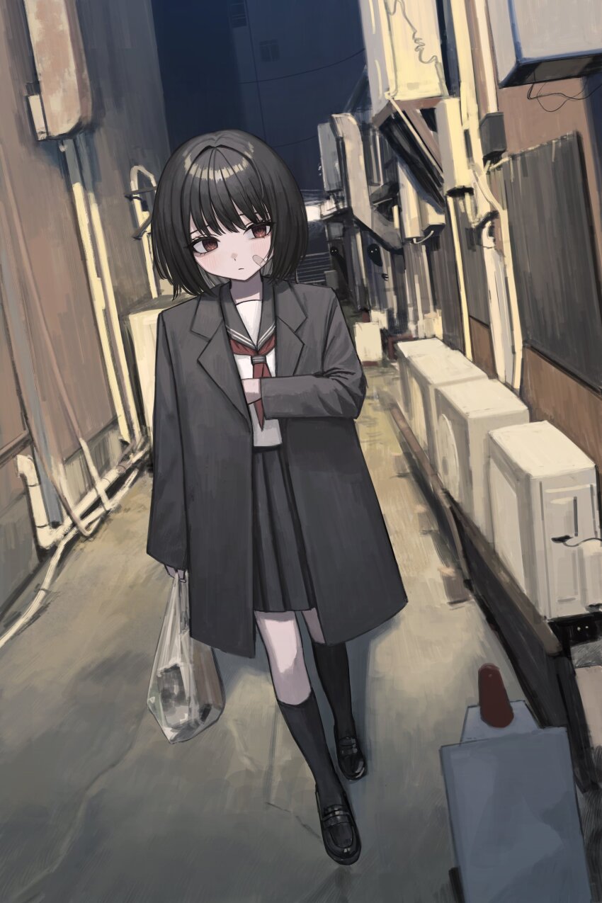 1girl absurdres alley bag bandaid bandaid_on_face black_coat black_hair black_sailor_collar black_shoes black_skirt black_socks blush closed_mouth coat condenser_unit drainpipe full_body hair_intakes highres holding holding_bag kneehighs loafers long_sleeves neckerchief night open_clothes open_coat original outdoors people plastic_bag pleated_skirt power_lines red_eyes red_neckerchief sailor_collar sakiika0513 school_uniform serafuku shirt shoes short_hair silhouette skirt socks solo walking white_shirt