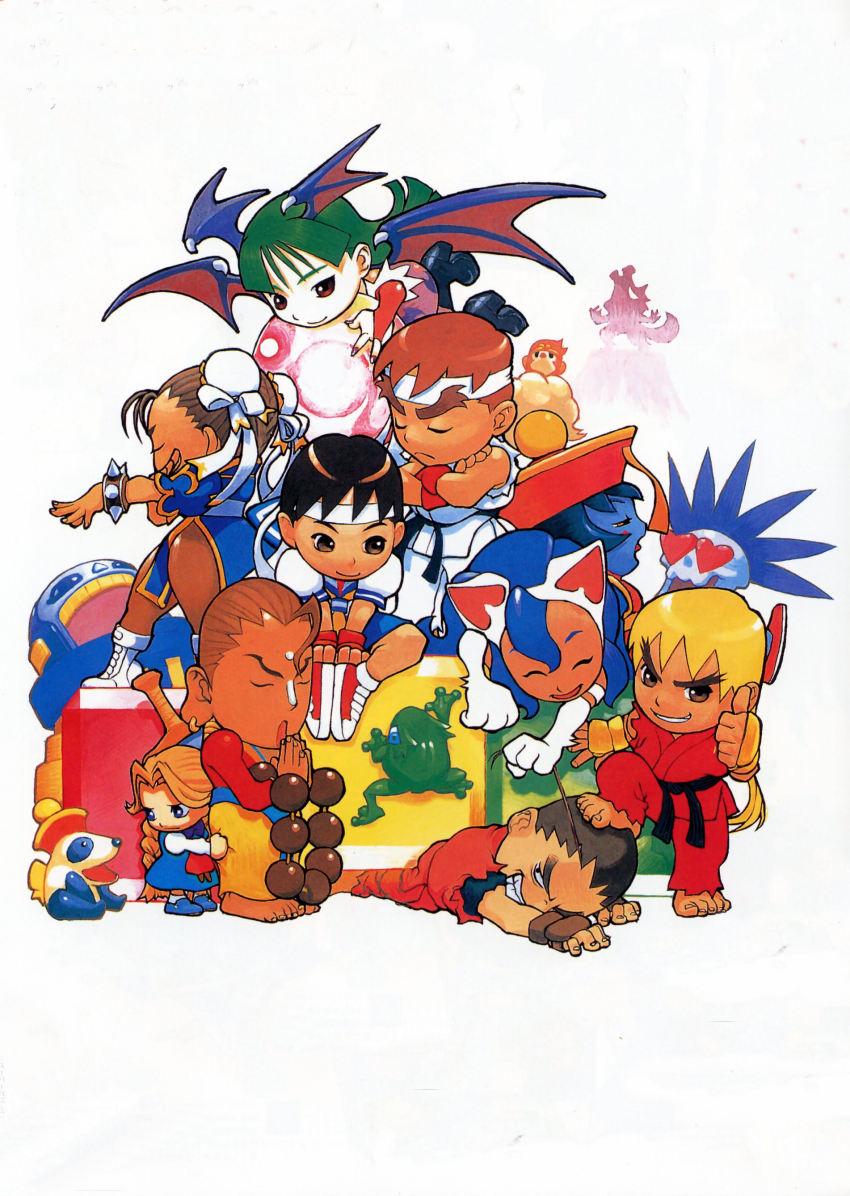 1990s_(style) 4boys 6+girls absurdres animal_ears animal_hands animal_print anita_(darkstalkers) auburn_hair bat_print bat_wings beads bengus black_eyes black_hair blonde_hair blue_hair blue_sailor_collar blue_skin boots breasts brown_eyes brown_hair bun_cover capcom cat_ears chibi china_dress chinese_clothes chun-li cloud colored_skin crossover demon_girl donovan_baine double_bun dress egg elbow_gloves everyone felicia_(darkstalkers) fingerless_gloves frog jon_talbain gloves green_eyes green_hair hair_bun hat head_wings headband heart hibiki_dan highres howling ikeno_daigo jewelry kasugano_sakura ken_masters hsien-ko long_hair montain morrigan_aensland mountain multiple_boys multiple_girls necklace panda panties pantyhose pelvic_curtain print_legwear red_eyes red_hair retro_artstyle ryu_(street_fighter) sailor_collar school_uniform serafuku short_hair sitting skirt socks street_fighter street_fighter_i street_fighter_ii_(series) street_fighter_zero_(series) thighhighs thighs underwear darkstalkers wings lord_raptor