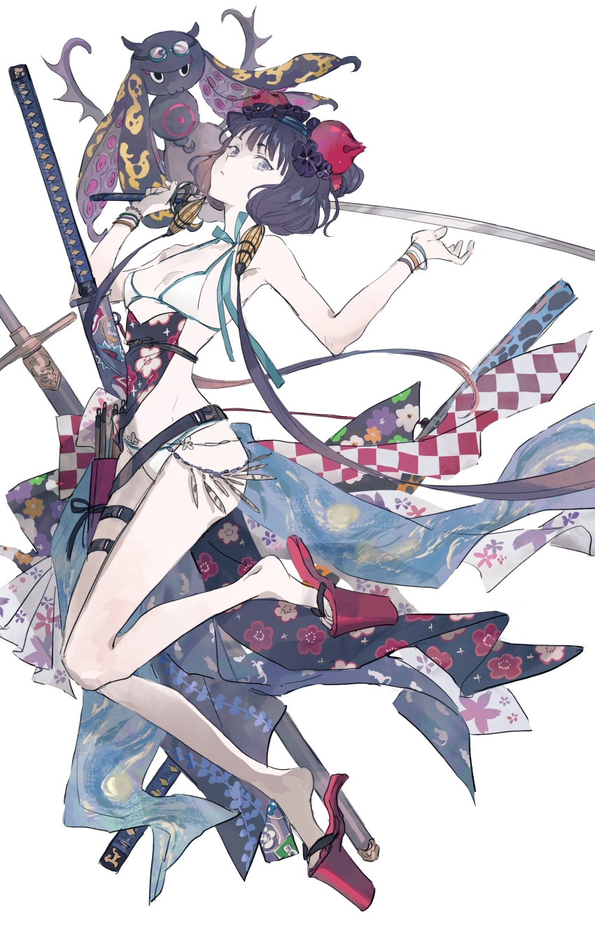 1girl absurdres bare_shoulders bikini black_hair bracelet breasts buckle checkered_clothes cleavage fate/grand_order fate_(series) floating floral_print full_body goggles goggles_on_head grey_eyes hair_ornament heel-less_heels high_heels highres holding holding_sword holding_weapon jewelry kanzashi katana katsushika_hokusai_(fate) katsushika_hokusai_(swimsuit_saber)_(fate) leg_belt mimulishizi multiple_swords octopus okobo open_hand platform_clogs platform_heels platform_sandals plum_blossom_print sandals sash scabbard sheath sheathed simple_background small_breasts snap-fit_buckle solo starry_night_(van_gogh) swimsuit sword thigh_strap thighs tokitarou_(fate) tsumami_kanzashi weapon white_background white_bikini