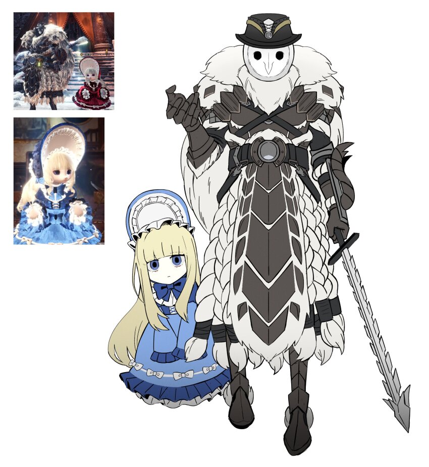 1boy 1girl absurdres alice_(black_souls) animal_head armor asdf1211950 black_armor black_footwear black_hat black_souls black_souls_2 blonde_hair blue_bonnet blue_dress blue_eyes bonnet boots brown_gloves character_request closed_mouth doll_alice_(black_souls) dress full_body gloves hat highres holding holding_sword holding_weapon long_hair looking_at_viewer monster_hunter:_world monster_hunter_(series) monster_hunter_world:_iceborne owl_boy rope sidelocks simple_background sword very_long_hair weapon white_background white_rope