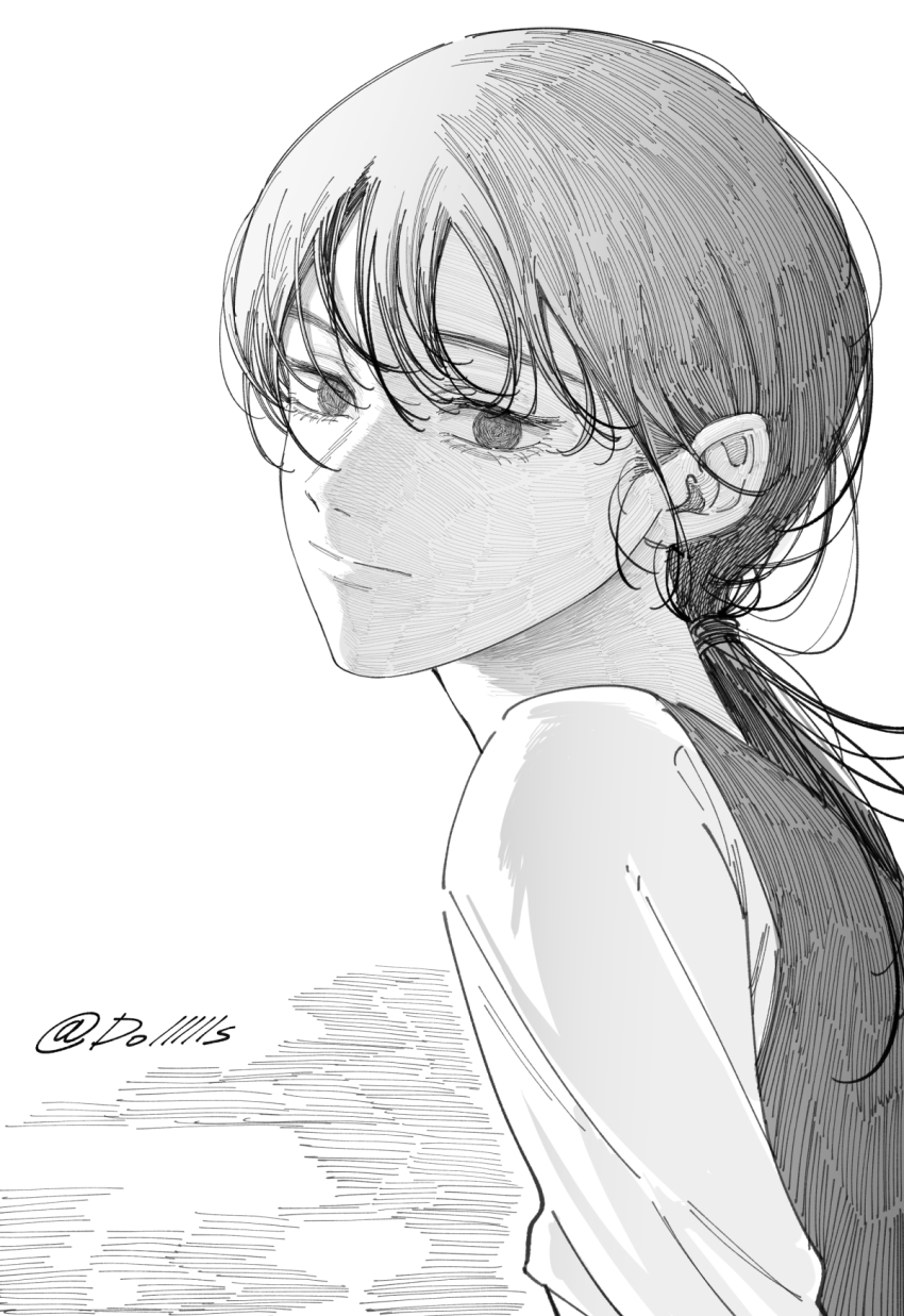 1girl artist_name black_hair chainsaw_man commentary crosshatching dollllls2 dress english_commentary fourth_east_high_school_uniform greyscale hatching_(texture) highres long_hair mitaka_asa monochrome pinafore_dress school_uniform simple_background sleeveless sleeveless_dress