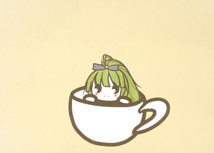 1girl azur_lane closed_mouth cup female_focus green_hair kati_koti looking_at_viewer mini_person minigirl ponytail shropshire_(azur_lane) simple_background solo teacup