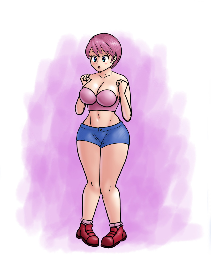 1girl absurdres arms_under_breasts blue_eyes blue_shorts breasts female_focus full_body highres humanization kirby kirby_(series) large_breasts nintendo pink_hair pink_skirt saf-404 shoes short_hair short_shorts shorts sideboob skirt solo_focus thick_thighs thighs white_background worried