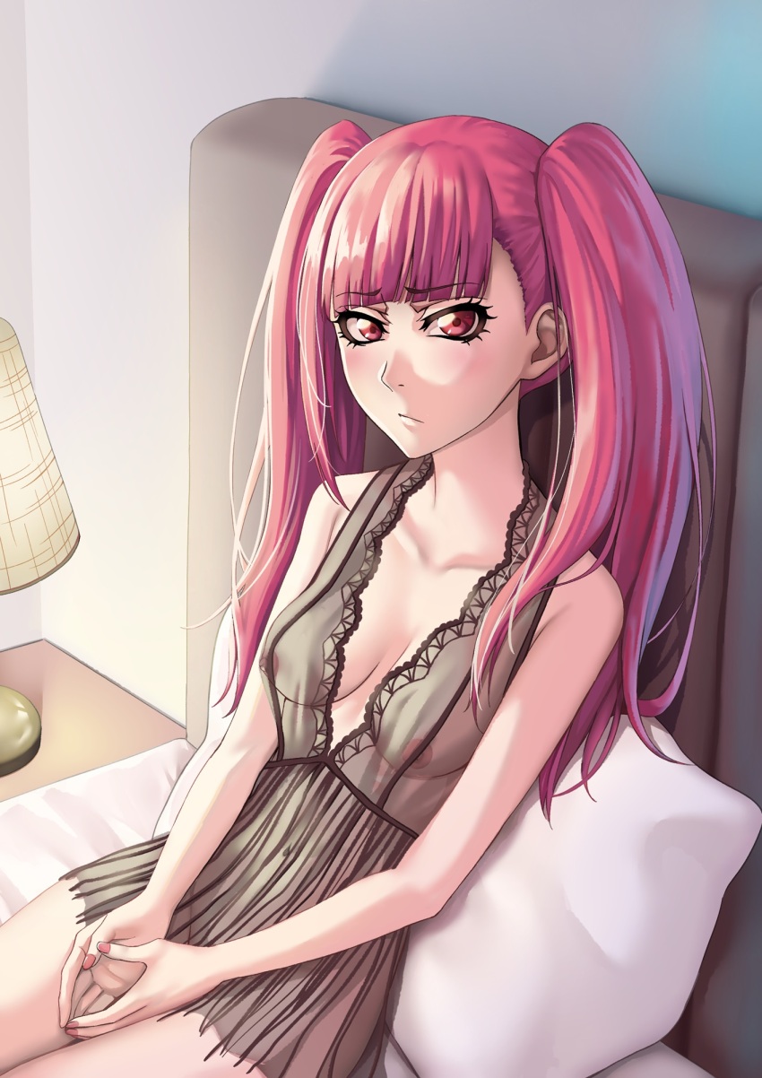 bedroom bleach breasts collarbone dokugamine_riruka highres indoors lamp light_blush lingerie looking_at_viewer nail_polish nipples pillow purple_eyes purple_hair sakuya_(liao_kj) sitting small_breasts twintails underwear