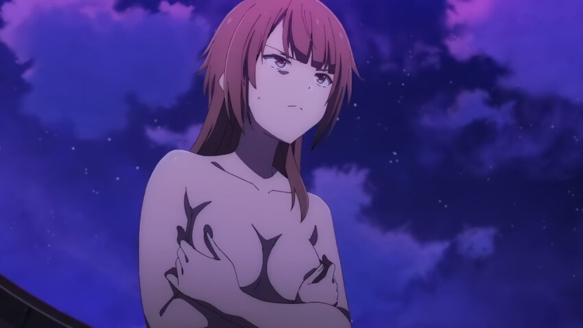 anime_screenshot breasts brown_eyes brown_hair closed_mouth covering_breasts covering_privates emilia_ludowell long_hair maou_gakuin_no_futekigousha medium_breasts night night_sky nude sky
