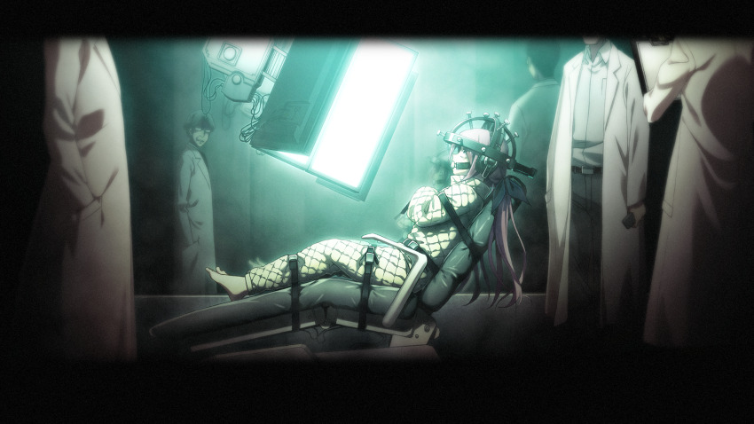 1girl 3boys ball_gag barefoot bound bound_arms bound_legs chaos;child constricted_pupils crossed_arms doctor feet from_behind gag gagged game_cg glass glowing highres jacket lab_coat leather_strap long_hair minamisawa_senri monitor multiple_boys official_art padded_jacket pain pink_hair reflection restrained sasaki_mutsumi screen screen_light sitting straitjacket toes torture wide-eyed