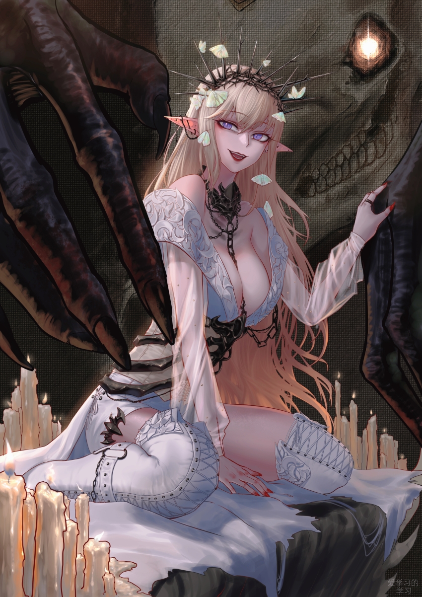 1girl 1other :d absurdres black_collar black_nails blonde_hair boots breasts bug candle chain chinese_text cleavage collar collarbone corset dew_(knpn5338) dungeon_and_fighter earrings elf fingernails glowing glowing_eye hand_on_another&#039;s_hand hand_on_floor hatching_(texture) highres insect jewelry large_breasts looking_at_viewer moth nail_polish necromancer_(dungeon_and_fighter) open_mouth pants pointy_ears purple_eyes red_nails ring see-through_clothes see-through_sleeves sharp_fingernails shirt shoes short_shorts shorts sitting skull smile solo_focus straight_hair thief_(dungeon_and_fighter) thigh_boots wariza white_corset white_pants white_shirt white_shoes