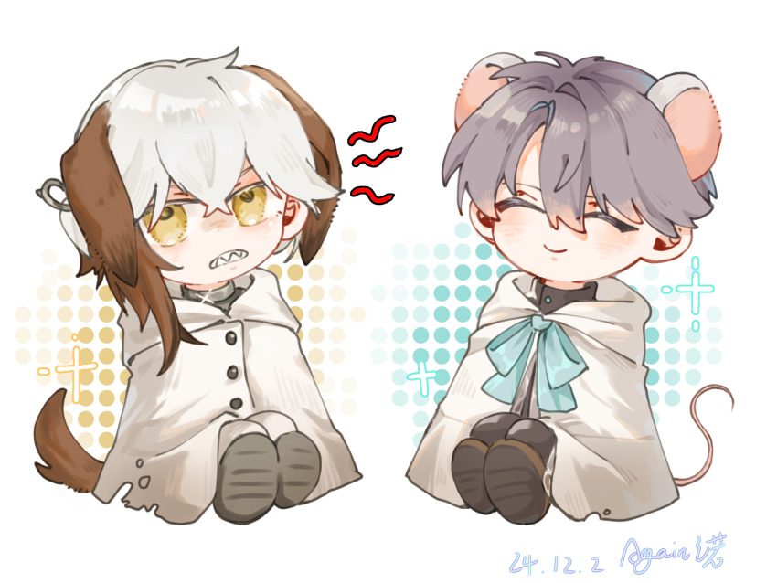 1boy 1other again_nuo animal_ears aqua_bow aqua_bowtie bow bowtie brown_tail chibi clenched_teeth cloak closed_eyes closed_mouth dog_ears dog_tail facing_viewer grey_hair grey_shoes halftone halftone_background highres kemonomimi_mode looking_at_viewer medicine_pocket mouse_boy mouse_ears mouse_tail reverse:1999 sharp_teeth shoes shout_lines smile sparkle tail teeth white_cloak white_hair x_(reverse:1999) yellow_eyes