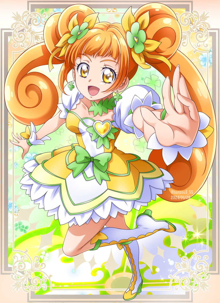 1girl birthday boots bow breasts brooch brown_eyes brown_hair choker clover_earrings collarbone cure_rosetta dokidoki!_precure double_bun flower gradient_background green_background green_choker hair_bun hair_ornament hanzou happy_birthday heart heart_brooch highres jewelry long_hair magical_girl open_mouth precure ribbon skirt small_breasts smile solo standing standing_on_one_leg twintails waist_bow wrist_cuffs yotsuba_alice