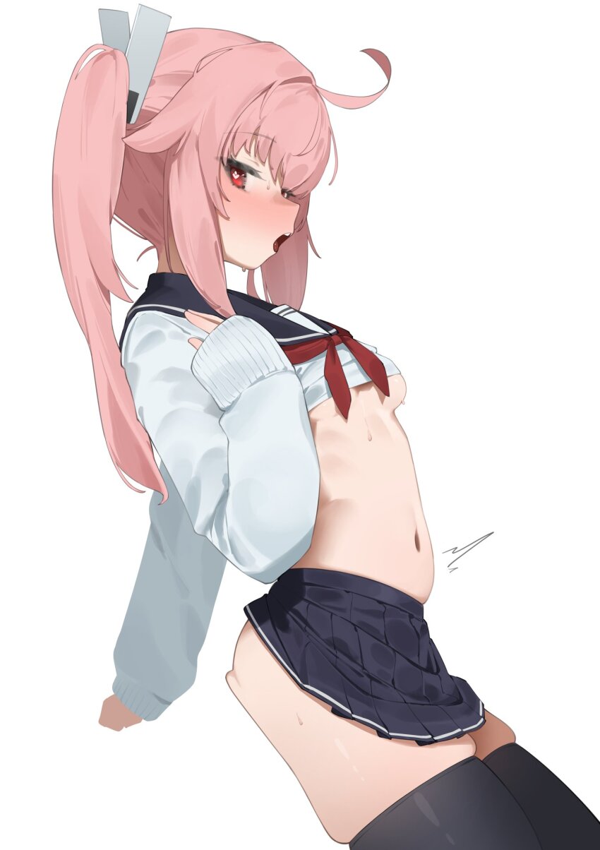 1girl ahoge ass black_sailor_collar black_skirt black_thighhighs blue_archive blush breasts bright_pupils cardigan commentary flasso from_side hair_ornament heart heart-shaped_pupils highres loli long_hair long_sleeves looking_at_viewer natsu_(blue_archive) navel neckerchief no_bra open_mouth pink_hair pleated_skirt red_eyes red_neckerchief ribbon sailor_collar school_uniform serafuku side_ponytail simple_background skindentation skirt small_breasts solo sweat symbol-shaped_pupils teeth thighhighs underboob upper_teeth_only white_background white_cardigan white_pupils