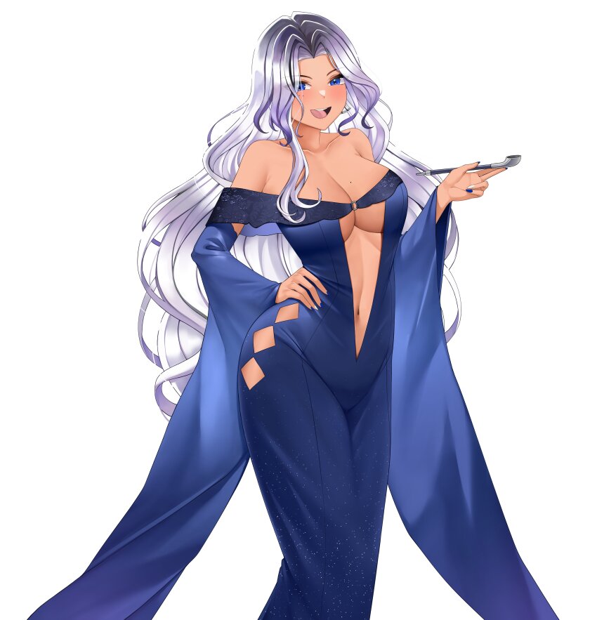 1girl absurdres black_hair blue_dress blue_eyes blue_nails breasts clothing_cutout collarbone cosplay dress gradient_hair grey_hair hand_on_own_hip highres hip_vent holding holding_smoking_pipe landacdeus linea_alba long_hair mole mole_on_breast mole_under_eye multicolored_hair multiple_moles nail_polish navel nijisanji nijisanji_en open_mouth plunging_neckline scarle_yonaguni second-party_source smile smoking_pipe solo tan teeth two-tone_nails upper_teeth_only virtual_youtuber white_background white_nails wide_sleeves