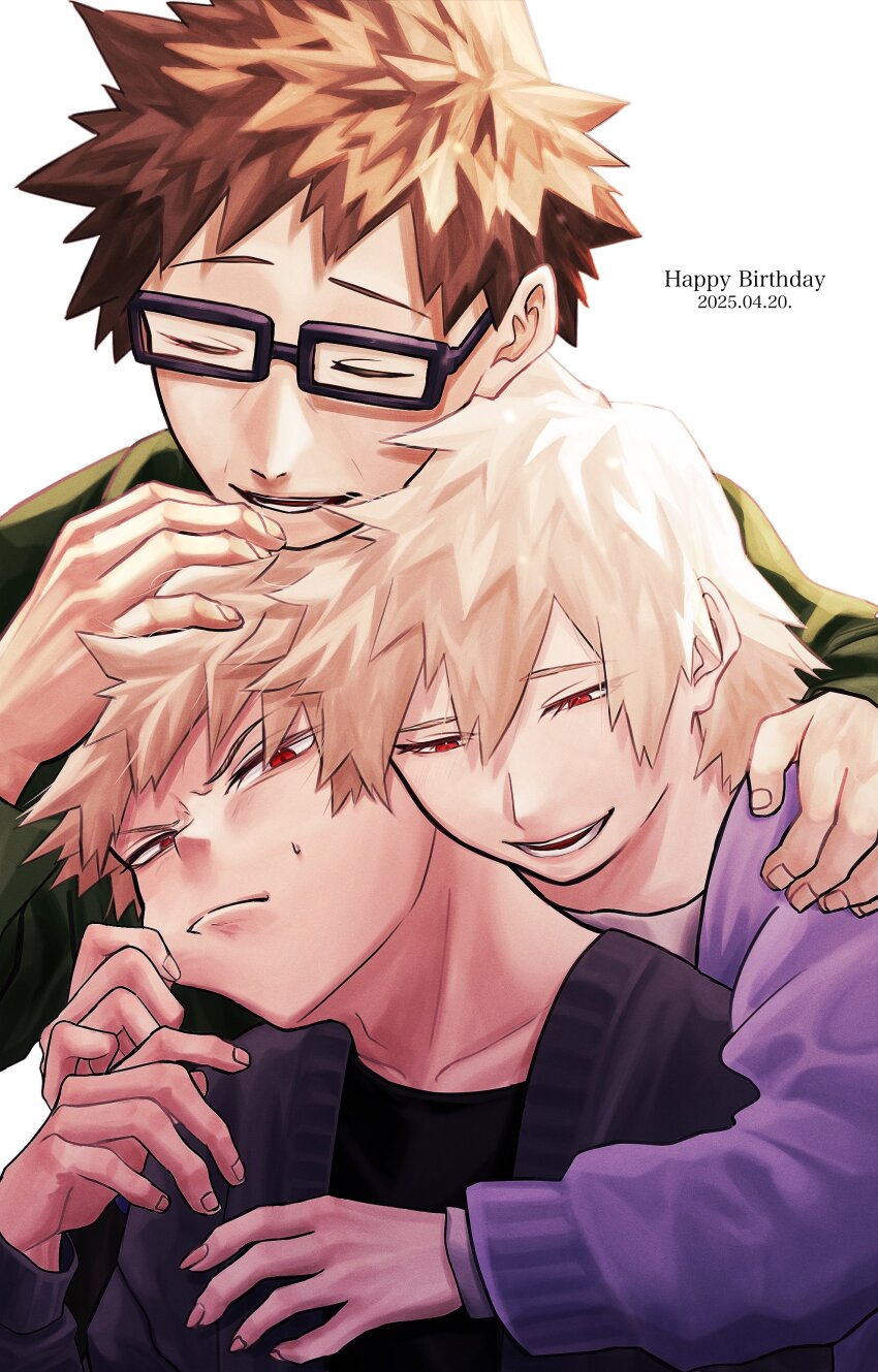 1girl 2boys absurdres bakugou_katsuki bakugou_masaru bakugou_mitsuki black-framed_eyewear black_cardigan black_shirt blonde_hair boku_no_hero_academia cardigan cheek_pinching closed_eyes closed_mouth commentary_request crew_neck dated double-parted_bangs family father_and_son fingernails frown glasses green_jacket hair_between_eyes hand_on_another&#039;s_head hand_on_another&#039;s_shoulder highres husband_and_wife jacket long_sleeves looking_down looking_to_the_side mother_and_son multiple_boys nanash_0 open_cardigan open_clothes open_mouth pinching purple_cardigan rectangular_eyewear red_eyes shirt sideways_glance smile teeth upper_body white_background white_shirt