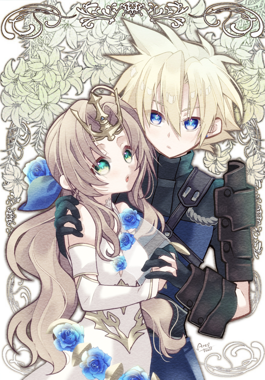 1boy 1girl absurdres aerith_gainsborough aerith_gainsborough_(prism_dress) arestear0701 arm_around_shoulder armor artist_name black_gloves blonde_hair blue_eyes blue_flower blue_ribbon blue_rose breasts brown_hair cloud_strife cloud_strife_(murasame) couple detached_sleeves dress dress_flower earrings final_fantasy final_fantasy_vii final_fantasy_vii_ever_crisis floral_background flower gloves gold_choker gold_trim green_eyes hair_between_eyes hair_flower hair_ornament hair_ribbon hetero highres interlocked_fingers japanese_armor japanese_clothes jewelry lily_(flower) long_dress long_hair low_ponytail medium_breasts official_alternate_costume parted_bangs parted_lips ponytail ribbon rose see-through_clothes see-through_sleeves short_hair shoulder_armor sidelocks single_bare_shoulder single_earring single_sleeve spiked_hair tiara turtleneck upper_body wavy_hair white_dress white_sleeves yellow_flower