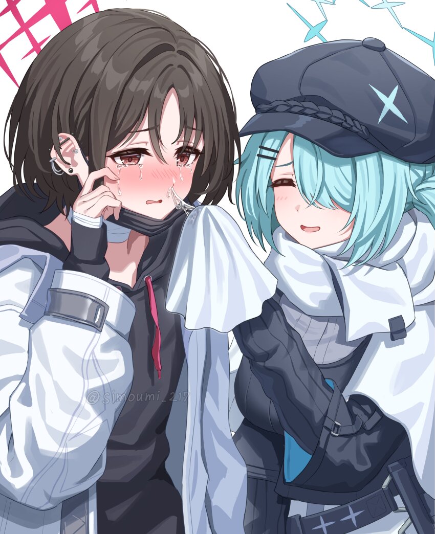 2girls absurdres aqua_hair aqua_halo bandaged_hand bandaged_neck bandages belt black_belt black_hair black_hat black_hoodie black_jacket black_sweater blue_archive blush breasts brown_eyes cabbie_hat cape closed_eyes commentary crying crying_with_eyes_open drawstring ear_piercing grey_shirt hair_ornament hair_over_one_eye hairclip halo handkerchief hat highres hiyori_(blue_archive) holding holding_handkerchief hood hooded_jacket hoodie jacket large_breasts looking_at_another misaki_(blue_archive) multiple_girls nose_blush piercing red_halo scarf shirt short_hair simoumi_217 simple_background skirt smile snot snot_trail sweater tears twitter_username white_background white_cape white_jacket white_scarf white_skirt wiping_tears