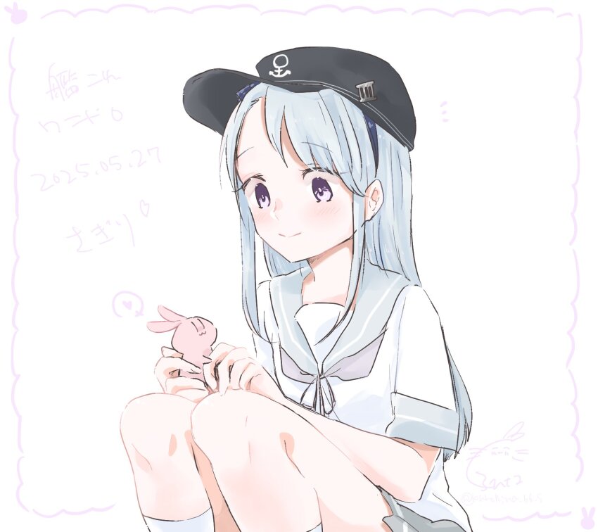 1girl anchor_symbol black_hat character_name copyright_name feet_out_of_frame flat_cap grey_hair grey_sailor_collar grey_skirt hat highres kantai_collection kurohina_(kurohina_66_s) long_hair neckerchief one-hour_drawing_challenge pleated_skirt purple_eyes purple_neckerchief rabbit sagiri_(kancolle) sailor_collar school_uniform serafuku short_sleeves simple_background skirt smile socks solo squatting white_background white_socks