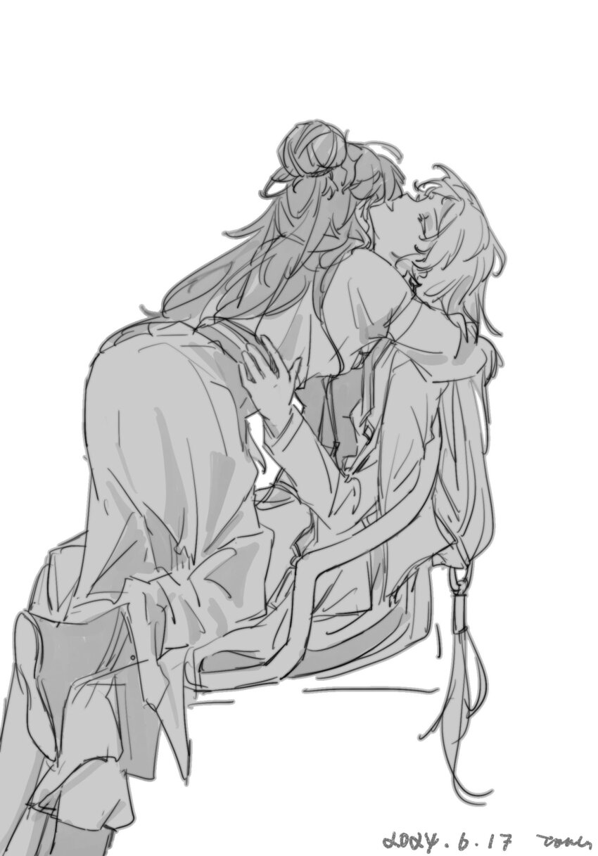 2girls arms_around_neck chinese_commentary closed_eyes commentary_request dated du_ruo_(path_to_nowhere) greyscale hair_bun hand_on_another&#039;s_waist highres hug long_hair long_sleeves monochrome multiple_girls parted_lips path_to_nowhere signature sitting skirt smile tooong4 yao_(path_to_nowhere) yuri