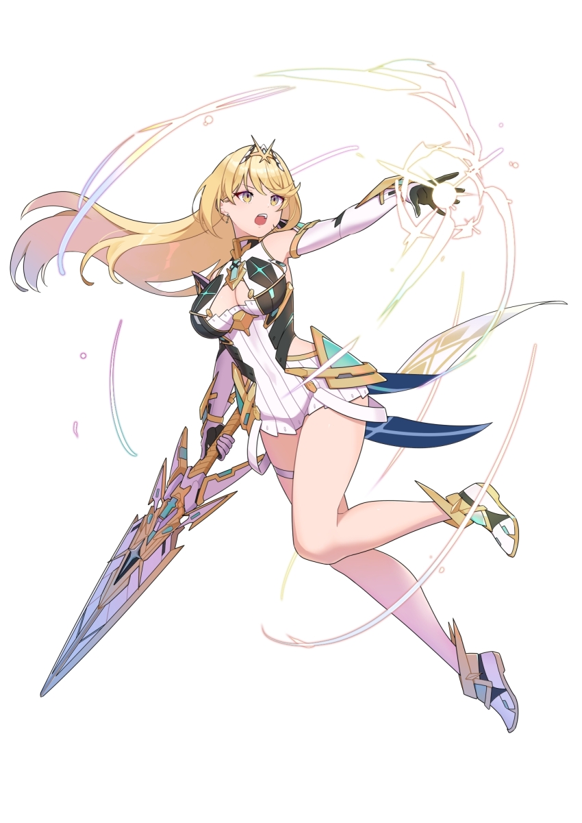 aegis_sword_(xenoblade) breasts chest_jewel cleavage_cutout clothing_cutout core_crystal_(xenoblade) dress gem headpiece hehe_jun highres large_breasts microdress mythra_(xenoblade) one-piece_swimsuit strapless strapless_one-piece_swimsuit swept_bangs swimsuit tiara weapon xenoblade_chronicles_(series) xenoblade_chronicles_2 yellow_eyes
