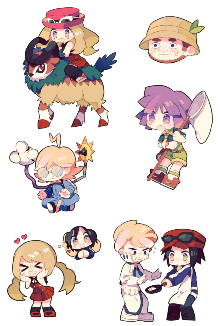 &gt;_&lt; 1girl 5boys ahoge apron ascot beard belt black_hair blue_jumpsuit brown_belt brown_eyes brown_hair bugsy_(pokemon) calem_(pokemon) clemont_(pokemon) egg_(food) facial_hair food frying_pan gen_6_pokemon glasses gogoat green_shirt green_shorts hat highres hiker_(pokemon) holding holding_frying_pan indian_style jumpsuit multiple_boys nagatsukiariake nintendo open_mouth pokemon pokemon_(creature) pokemon_hgss pokemon_xy purple_hair red_hat red_skirt riding riding_pokemon round_eyewear serena_(pokemon) shirt short_hair shorts sideburns siebold_(pokemon) sitting skirt speech_bubble thought_bubble transparent_background twintails white_apron