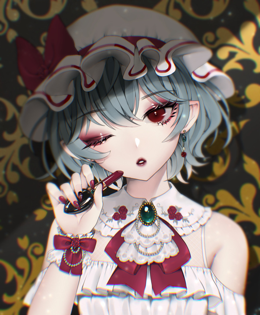 1girl adapted_costume bare_shoulders bitaro blue_hair blurry blurry_background bow bowtie brooch chromatic_aberration commentary_request cosmetics depth_of_field earrings eyeshadow fingernails floating_earring hand_up hat hat_bow head_tilt highres holding holding_lipstick_tube jewelry light_particles lips lipstick lipstick_tube long_fingernails looking_at_viewer makeup mob_cap nail_polish one_eye_closed parted_lips pointy_ears purple_eyeshadow red_bow red_bowtie red_eyes red_nails remilia_scarlet short_hair solo touhou upper_body white_hat wrist_cuffs