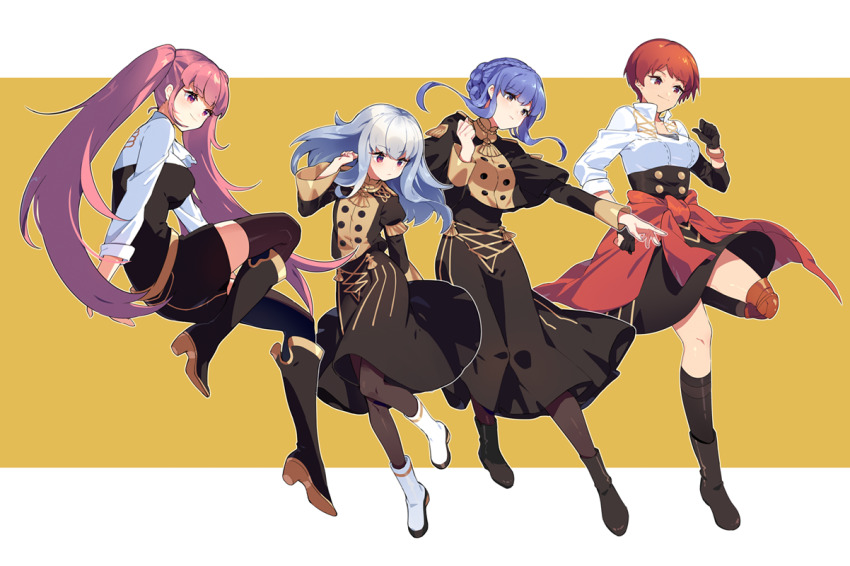 4girls blue_hair boots clothes_around_waist dress fire_emblem fire_emblem:_three_houses garreg_mach_monastery_uniform hilda_valentine_goneril knee_pads leonie_pinelli long_hair lysithea_von_ordelia marianne_von_edmund multiple_girls nintendo orange_hair pantyhose pink_hair sharlorc short_hair silver_hair single_knee_pad thighhighs twintails
