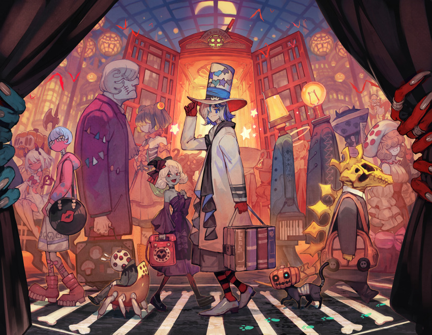 2boys 4girls 4others bag black_bow black_socks black_suit blonde_hair blue_hair bone book bow briefcase car cat claws coat colored_skin commentary crescent_moon crosswalk curtains dress formal_clothes frankenstein&#039;s_monster gloves green_skin hair_bow halberd halloween highres jack-o&#039;-lantern jacket lack lamp moon motor_vehicle multicolored_hair multiple_boys multiple_girls multiple_others object_head original outdoors pink_hair polearm purple_dress purple_jacket red_gloves red_socks socks striped_clothes striped_socks suit two-tone_hair weapon white_coat white_footwear white_hair window