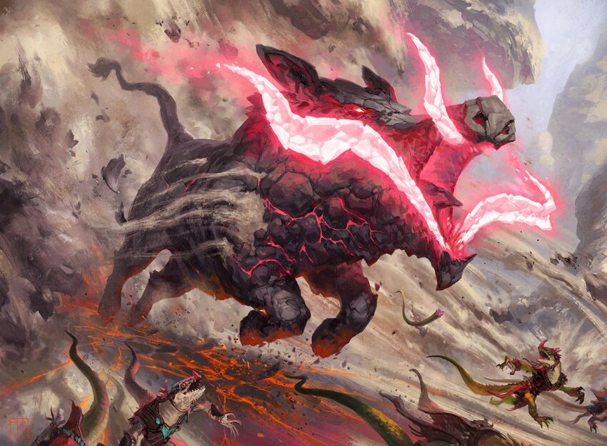 andrewkmar animal_focus boar colored_teeth crack cracked_floor day debris dust_cloud fleeing from_side glowing glowing_eye glowing_teeth lava magic:_the_gathering monster no_humans official_art open_mouth outdoors quaketusk_boar realistic red_teeth rock running tusks