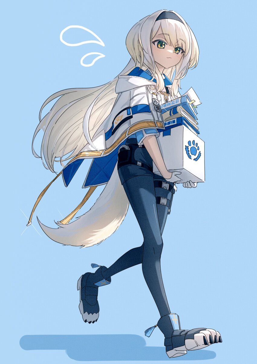 1girl :3 absurdres animal_ears armillarphere_v baton_(weapon) black_hairband blonde_hair blue_background blue_pantyhose blue_shoes blue_shorts blush book book_stack bookmark box capelet closed_mouth commentary_request cuffs dog_ears dog_girl dog_tail flying_sweatdrops glint gloves gradient_hair green_eyes grey_hair hair_between_eyes hair_intakes hairband half_gloves handcuffs high-waist_shorts highres holding holding_box holster long_hair multicolored_eyes multicolored_hair nijisanji orange_eyes orange_ribbon pantyhose pantyhose_under_shorts paper parted_bangs paw_shoes police police_uniform policewoman quilted_clothes ribbon shadow shioriha_ruri shioriha_ruri_(1st_costume) shirt shirt_tucked_in shoes short_shorts short_sleeves shorts sidelocks simple_background smile solo standing tail tassel thigh_holster thigh_strap two-sided_capelet two-tone_eyes virtual_youtuber walking weapon white_capelet white_gloves white_shirt