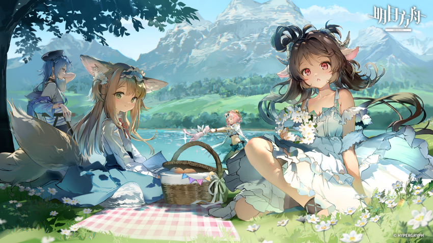 1boy 3girls :d :o ^_^ alternate_costume animal animal_ear_fluff animal_ears anmi anniversary arknights arm_up armpit_crease bare_legs bare_shoulders bikini black_hat blanket blonde_hair blue_bikini blue_eyes blue_hair book bow breasts brown_hair cat chinese_commentary cleavage closed_eyes closed_mouth commentary_request company_name copyright_name copyright_notice cup daisy dot_nose dress eyewear_on_head eyjafjalla_(arknights) floating_hair flower fox_ears fox_tail frilled_dress frills goldenglow_(arknights) goldenglow_(summer_flowers)_(arknights) grass green_eyes hand_up hands_up hat headwear_request highres holding holding_animal holding_book holding_cup infection_monitor_(arknights) light_blush logo long_eyelashes long_hair long_sleeves looking_at_another looking_at_viewer medium_breasts midriff mizuki_(arknights) mizuki_(summer_feast)_(arknights) mountain mountainous_horizon multiple_girls multiple_tails navel official_art on_ground open_mouth outdoors picnic picnic_basket picnic_blanket pink_eyes pink_fur pink_hair profile red_bow red_eyes red_ribbon ribbon round_eyewear shirt small_breasts smile sparkle streamers striped_clothes striped_shirt suzuran_(arknights) suzuran_(spring_praise)_(arknights) swimsuit swinging_animal tail tree tree_shade very_long_hair water white_dress white_flower white_shirt wide_sleeves yellow_eyes