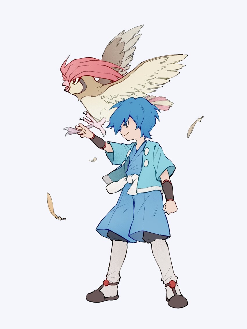 1boy absurdres aqua_jacket bird blue_hair blue_kimono clenched_hand closed_mouth commentary falkner_(pokemon) feathers gen_1_pokemon highres jacket japanese_clothes kimono male_focus nintendo open_clothes open_jacket pidgeotto pokemon pokemon_(creature) pokemon_hgss shoes short_hair simple_background smile standing symbol-only_commentary tan_carbonnn white_background wristband