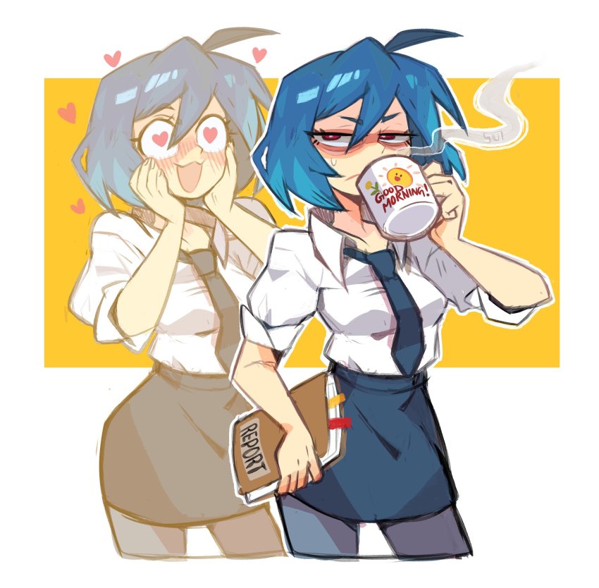 1girl ahoge black_pantyhose blue_hair blue_neckwear blue_skirt blush borrowed_character closed_mouth coffee_mug cup drinking heart heart-shaped_pupils highres holding holding_cup looking_at_viewer mug office_lady open_mouth original pantyhose pencil_skirt pink_eyes shirt short_hair skirt skye_(hcnone) sleeves_rolled_up solo sui_(suizilla) symbol-shaped_pupils white_shirt