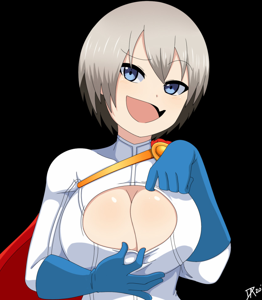 1girl blue_eyes blue_gloves breasts cape cleavage cleavage_cutout clothing_cutout cosplay dalley-the-alpha dc_comics eyebrows fang female_focus gloves grey_hair highres large_breasts long_sleeves looking_at_viewer open_mouth paizuri_invitation power_girl power_girl_(cosplay) raised_eyebrow red_cape short_hair skin_fang smile solo uzaki-chan_wa_asobitai! uzaki_hana