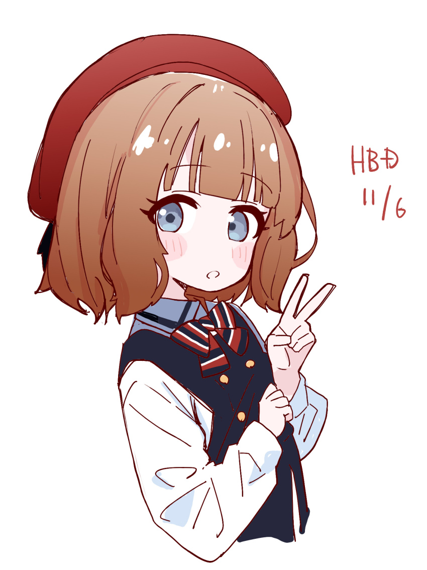 1girl blue_eyes blush_stickers bow bowtie brown_hair buttons collared_shirt dated dress elementary_schoolmate_(idolmaster) eyelashes hat highres idolmaster idolmaster_million_live! long_sleeves looking_at_viewer official_alternate_costume open_mouth pinafore_dress red_hat school_uniform shirt short_hair simple_background sleeveless sleeveless_dress solo spacecrab striped_bow striped_bowtie striped_clothes suou_momoko upper_body v wavy_hair white_background white_shirt