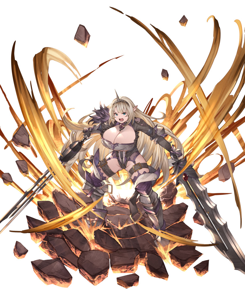 1girl absurdres arm_armor asymmetrical_dual_wielding ayacho belt belt_buckle blonde_hair breasts broken_ground buckle commission dual_wielding fighting_stance garter_straps groin hairband highres holding holding_sword holding_weapon huge_breasts lace_trim leg_armor long_hair looking_at_viewer lower_teeth_only open_mouth pointy_ears skeb_commission solo spiked_hairband spikes sword teeth thigh_belt thigh_strap very_long_hair weapon
