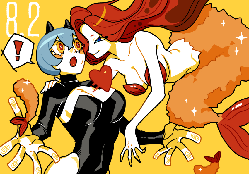 2girls black_leotard black_shrug blue_eyes food hand_on_another&#039;s_shoulder highres leotard looking_at_another mermaid momomo_906 monster_girl multicolored_eyes multiple_girls original red_eyes red_hair shrimp shrimp_tempura shrug_(clothing) tempura yellow_background yellow_eyes