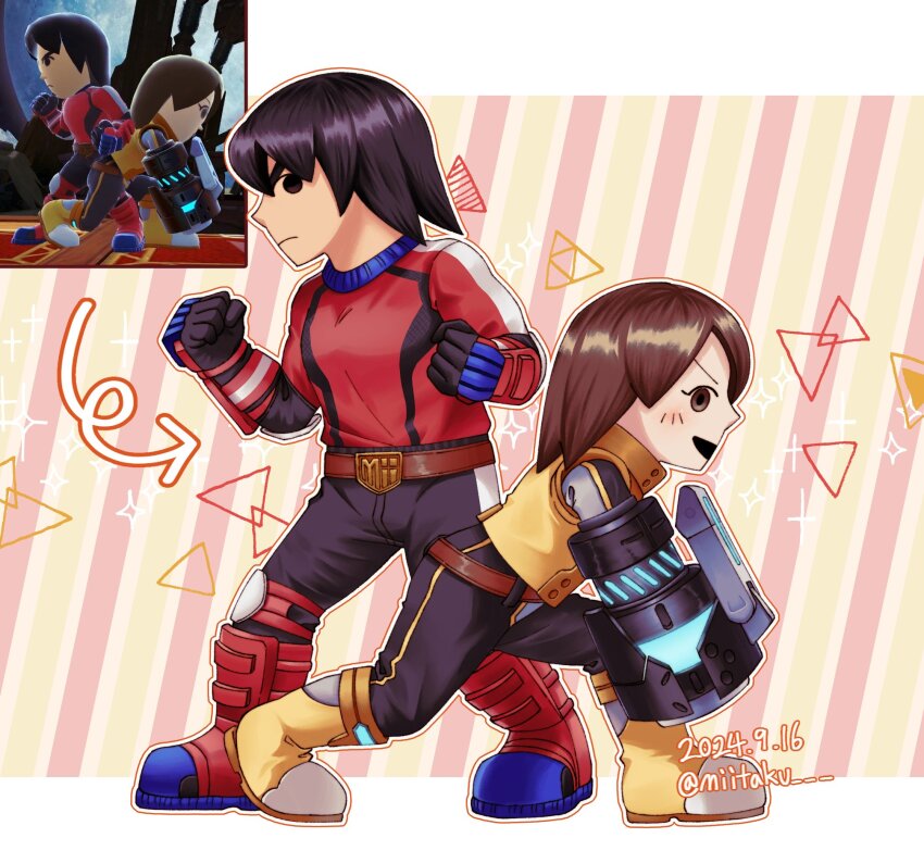 1boy 1girl animification arm_cannon artist_name belt black_eyes black_gloves black_hair black_pants blush bodysuit boots brown_eyes brown_hair clenched_hands closed_mouth dated fighting_stance gloves highres holding mii_(nintendo) mii_brawler mii_gunner mii_gunner_(smash_ultimate) miitaku nintendo open_mouth outline pants photo-referenced short_hair smile striped_background super_smash_bros. twitter_username weapon white_outline yellow_boots